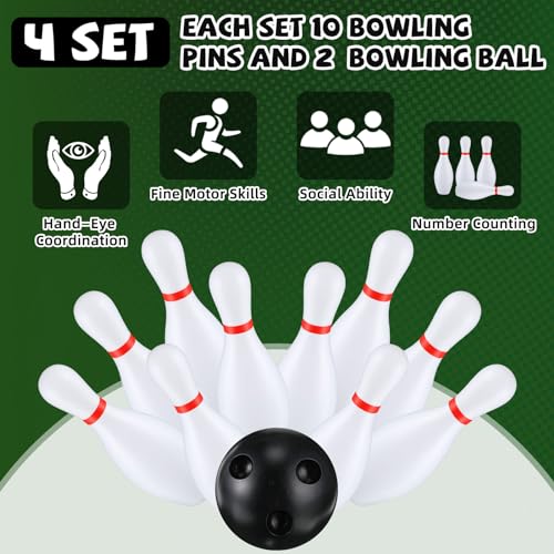 RoundFunny 4 Pack 6.3 Inch Kids Bowling Set Indoor and Outdoor Games for Kid Includes 40 Pcs Plastic Bowling Pins and 8 Pcs Balls Lawn Games for Toddler Yard School Activities Party