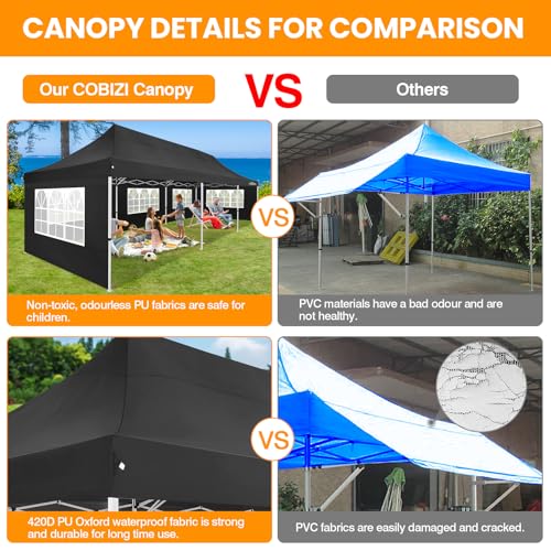 COBIZI 10x30 Pop up Canopy with Roller Bag & 8 Removable Sidewalls, Canopy Tent for Parties, Wedding, and Commercials, Waterproof and Instant Shelter UV50+ Outdoor Gazebo with 4 Sandbags(Pure Black) - color: Pure Black, size: 10x30FT