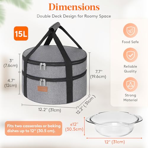 Lifewit Insulated Double Decker Round Casserole Carrier, Portable Pie Carrier Bag for Hot or Cold Food, Fits 12.5" Baking Dish, Thermal Lunch Tote for Potluck Parties, Picnic and Cookouts, Grey - color: Gray, size: 12.2 x 12.2 x 7.7inch