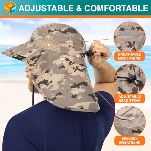 SUN CUBE Wide Brim Sun Hat with Neck Flap, UPF50+ Hiking Safari Fishing Hat for Men Women, Sun Protection Beach Hat - color: Gray Camo