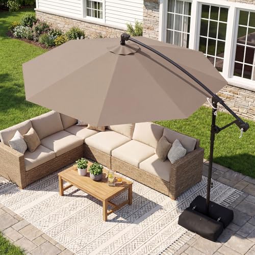 Tangkula 10ft Patio Umbrella with Base Included, Offset Cantilever Outdoor Umbrella with 360 Degree Rotation, Crank Handle, Sun-Protective Canopy for Pool Deck Garden Backyard (Tan) - color: Tan, size: 10 FT