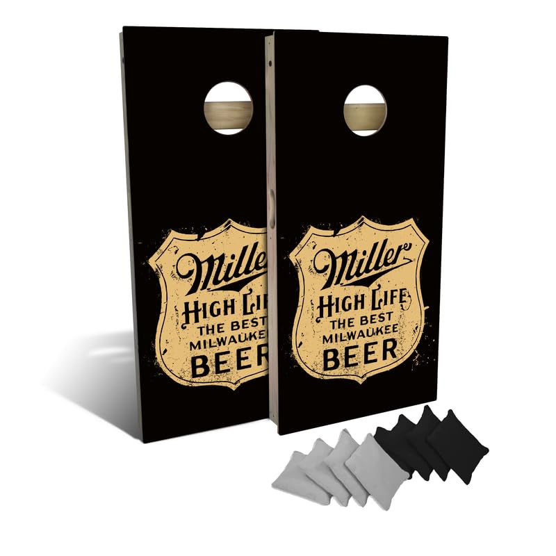 Slick Woody's Professional-Grade Cornhole Boards - 4'x2' Solid Wood Regulation Man Cave + Beer Branded Corn Hole Toss Game with 8 Resin Filled Bags - color: Miller High Life