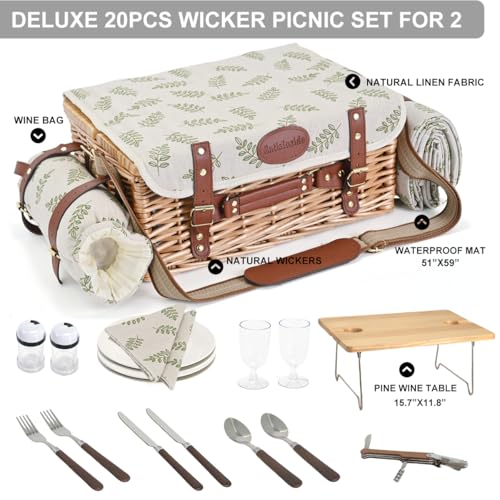 Multifunctional Wicker Picnic Basket Set for 2 with Blanket and Picnic Table, Insulated Picnic Set with Full Tablewares for Camping Outdoor Couples,Leaf - color: Leaf With Blanket &Table for 2