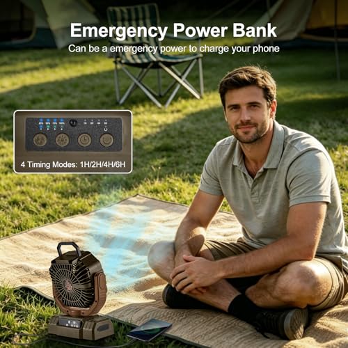 Odoland Portable Camping Fan with LED Lantern, 20000mAh Rechargeable Battery Powered Fan with Auto Oscillation, Timer, Remote, 360° Rotation Hook, 4 Speeds for Power Outage Travel Home,Brown - color: Brown