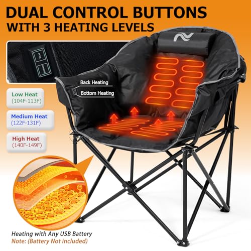 LILYPELLE Oversized Heated Camping Chair, Patio Lounge Chairs with 3 Heat Levels, Portable Folding Heated Chair Round Moon Saucer Folding Lawn Chair Outdoor Chair for Camping, Lounge Patio - color: Deep Black, style: Heated Moon Chair
