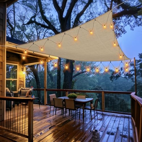 Sun Shade Sail with LED G40 String Lights, 8‘ x 12' Rectangle Beige Shade Cloth, 95-98% UV Protection, Ideal for Patio, Garden, Backyard - Easy to Install with Innovative Hooks