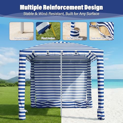 Umineux Beach Cabana - 6FT Beach Canopy with Side Wall, Easy Setup Beach Tent Sun Shelter, Waterproof Tent - Portable Shade for Whole Family (Navy Stripes) - color: Navy Stripes, size: 6ft