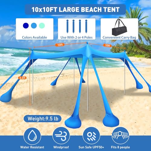 Beach Tent Sun Shelter 10x10ft Beach Canopy Easy Pop Up Sun Shade Portable UPF50+ with 8 Sandbags-2 Sand Shovel-4 Aluminum Poles-Ground Pegs for Outdoor Family Camping Fishing Backyard Picnic - color: Royal Blue, size: 10x10 FT 4 Pole