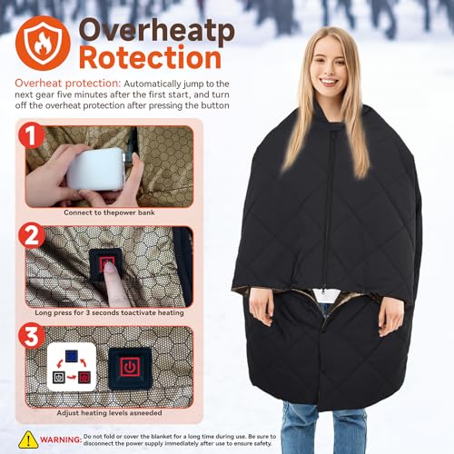 Heated Blanket Outdoors, Battery Operated Heated Throw with 10000mAh Power Bank, Cordless Wearable Electric Blanket & Shawl, 6-Zone Fast Heating for Camping, Hiking, Stadium Events & Travel - color: Charcoal
