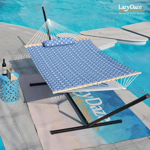 Lazy Daze Hammocks 12FT Quilted Fabric Hammock with Soft Pillow, Double 2 Person Tree Hammock with Spreader Bar for Outdoor Patio Backyard Poolside, 450lbs Weight Capacity, Blue Floral - color: Blue Floral