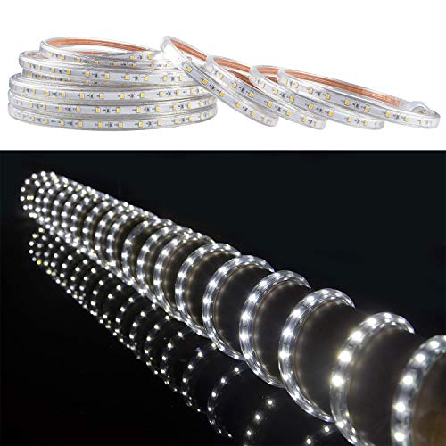 SURNIE 50ft LED Rope Lights Outdoor Waterproof, 110V Flexible Daylight White Bright Lighting Cuttable Connectable, Cool Clear Flat Strip Light 6000K for Outside Deck Patio Camping Decor, Not Tube Rope - color: White, size: 50ft