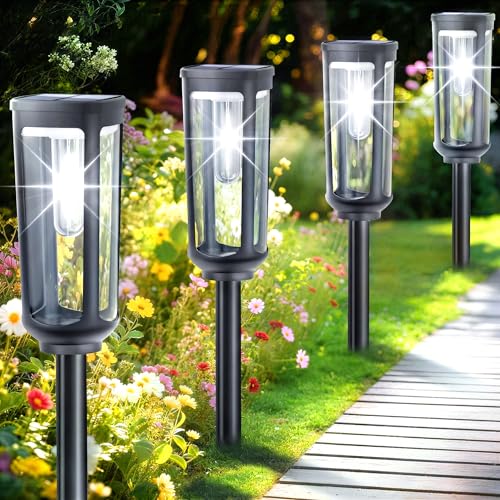 Solar Pathway Lights Outdoor Waterproof IP65, 4 Pack Cool White Solar Walkway Lights, Auto On/Off Outdoor Light for Lawn Garden Patio Driveway Decor Landscape Lighting - color: Cool Light, size: 4 Pack