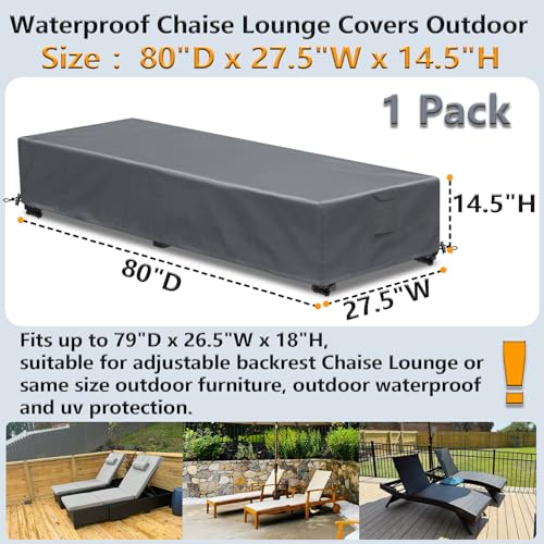 Waterproof Patio Lounge Chair Cover 1 Pack Outdoor Chaise Lounge Covers 600D Weather Resistant Material, UV Protection, Windproof Design Outside Furniture Covers 80" x 28" x 14" H,Grey - color: Grey, size: 1 Pack (80"L x 28"W x 14"H)