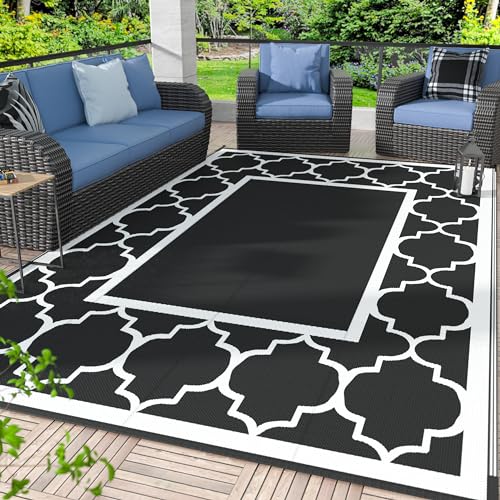 GENIMO 9 ' x 12 ' Outdoor Rug for Patio Clearance, Waterproof Indoor Outdoor Plastic Straw Rugs Carpet, Reversible Outside Area Rv Mat for Camping, Balcony Porch, Deck, Picnic, Beach (Black & White) - color: Black&white, size: 9' x 12' (Rectangular)