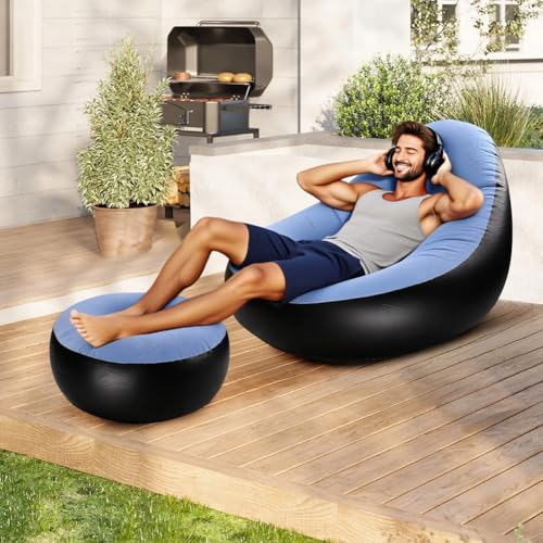 Inflatable Lounge Chair for Adults, Portable Folding Inflatable Blow Up Couch with Foot Stool, Lazy Flocking Recliner Chair Air Sofa for Indoor Outdoor Travel Camping (No Pump)
