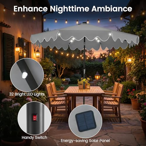 Tangkula 9 FT Solar Patio Umbrella with Base Included, 2-Tiers Outdoor Scalloped Table Umbrella with 32 LED Lights, 2 Sandbags, Tilt Adjustment, Crank, 8 Ribs for Market Backyard Pool Deck Beach Lawn - color: Gray, size: 9 FT