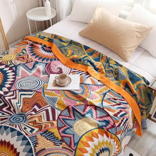 Boho Throw Blanket for Bed 100% Cotton Bohemian Blankets Ultra Soft Woven Muslin Decorative Blankets All Seasons Vintage Quilt Knitted Blanket for Sofa Chair (Colorful, 50"x60") - color: K-colorful World, size: 50"x60"