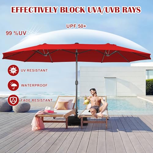 Sundale Outdoor 15ft Large Patio Umbrella with Base Included and Umbrella Cover, Outdoor Double-Sided Umbrella - color: Red