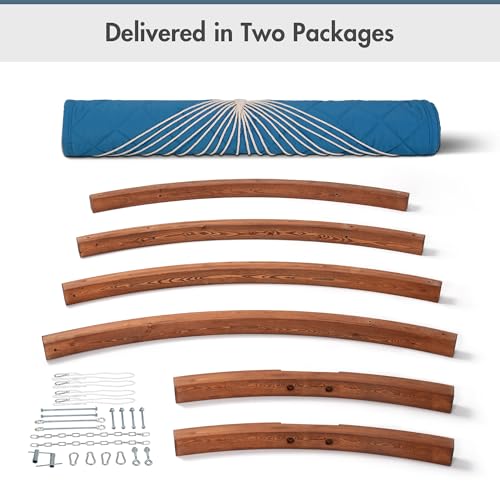 ANOW 13.5FT Curved Wood Stand with Double Hammock, Heavy Duty Larch Wood Arc Stand with 2 Chains, 4 Balance Ropes and 4 Carabiners, Includes Blue Hammock with Spreader Bars - color: Blue-quilted