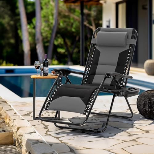Simple Deluxe Relaxing Recliners Patio Chairs Adjustable Steel Mesh Zero Gravity Lounge Chair Beach Chairs with Pillow and Cup Holder, Black Grey - color: Black Grey, size: 62.2"(L) x 29.13"(W) x 41.73"(H)