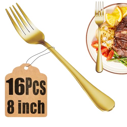16 Piece Gold Dinner Forks Set, Food-Grade Stainless Steel Silverware Forks, Cutlery Fork, Metal Fork for Home, Kitchen or Restaurant, Mirror Polished, Dishwasher Safe - 8 Inch - size: 16pcs-gold