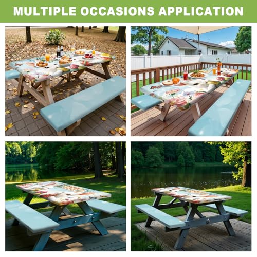 ANNA QUEEN Easter Garden 6FT Picnic Table Cover with Bench Covers Set of 3 with Drawstring Bag, Bunny Eggs Flowers 72"x30" Waterproof Picnic Tablecloth & Bench Covers for Outdoor Dining - color: #62