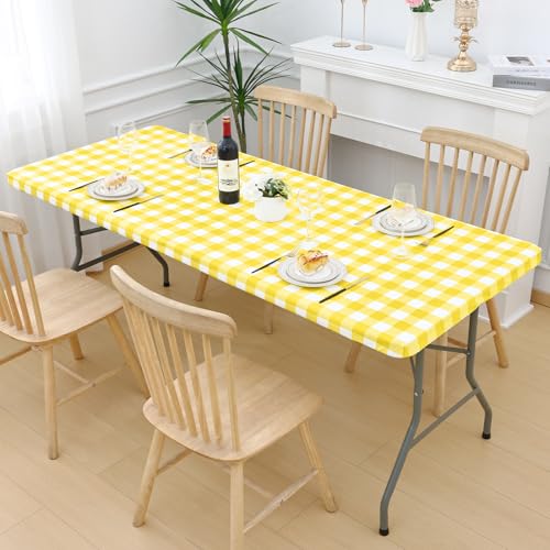 Smiry Picnic Table Cloth 2 Pack, Waterproof Elastic Fitted Tablecloths for 24x48 Rectangle Tables, Washable Polyester Buffalo Plaid Tablecloth for Camping, Dining & Outdoor (Yellow & White, 24" x 48") - color: Yellow and White, size: 24" x 48"