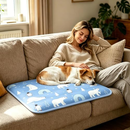 Dog Cooling Pad - Gel Cooling Pet Pad | Pressure Activated Chill Crate Mat | 60x50cm Polar Blue + Ice Bear Design | Waterproof Polyester & Polymer Gel | for Travel Car Seat & Sofa - color: B