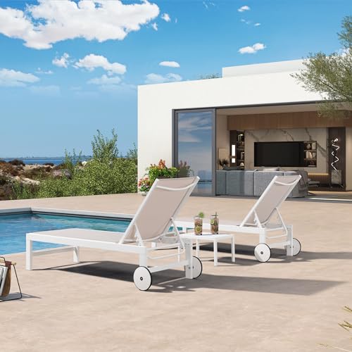 PURPLE LEAF Outdoor Chaise Lounge Chairs Set of 2 White Aluminum Lounge Chair Five-Position Adjustable Chaise with Wheels and Table for Pool Deck Patio, Linen - color: Linen, style: Standard Straight-leg