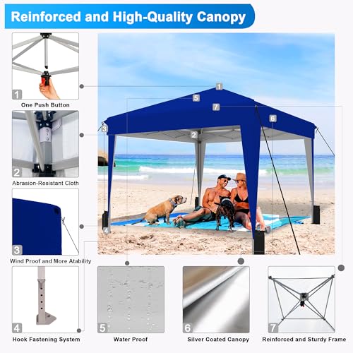 SANWAY 10x10 Pop up Canopy Tent, One-Button, Outdoor Instant Canopy Protable for Events, Camping, Parties, Vendor, Beach Tent - Blue - color: Blue