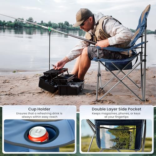 2 Pack Folding Camping Chairs for Adults - High Back Padded Outdoor Lawn Chairs with Lumbar Support & Cup Holder, 400lbs Heavy Duty Portable Camping Chairs Set (Blue & Brown, 2 PCS) - color: Blue & Brown-2 Pack, size: 2 PCS