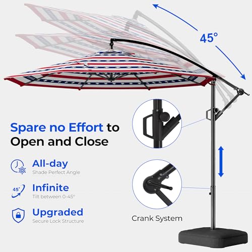 HOMSHADE 10ft Offset Patio Umbrella - w/Base, Cantilever Offset Hanging Patio Outdoor Market Umbrella UPF50+ UV Protection with Easy Tilt and Crank for Pool Deck and Garden(Red & Blue Star Stripes) - color: Red & Blue Star Stripes