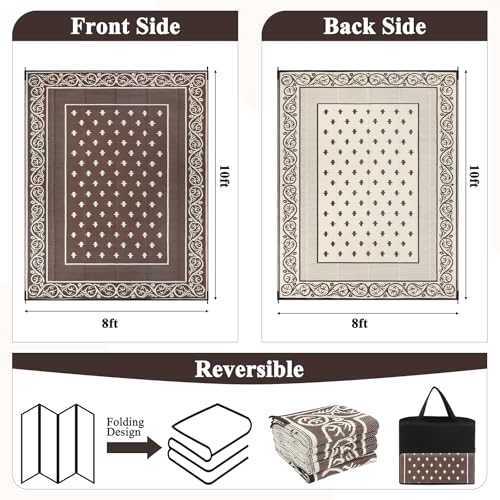 Pauwer Waterproof Outdoor Rug 8x10, Reversible Plastic Straw Patio Camping Rug, Indoor Outdoor RV Mat Carpet for Deck, Camper, Porch, Balcony, Backyard, Picnic, Bordered Brown - color: Bordered Brown, size: 8' x 10' (Rectangular)