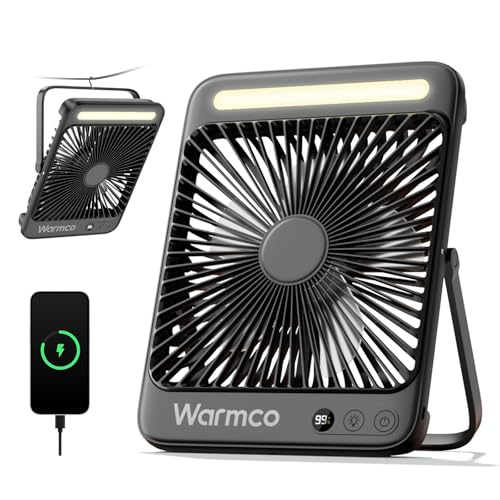 Warmco 20000mAh Battery Powered Fan, Ultra-Slim 8-Inch Portable Camping Fan with LED Lantern, Up to 48H Runtime Rechargeable Desk Fan for Bedroom, Outdoor, Tent, Travel, Cruise Ship Essentials - color: Black