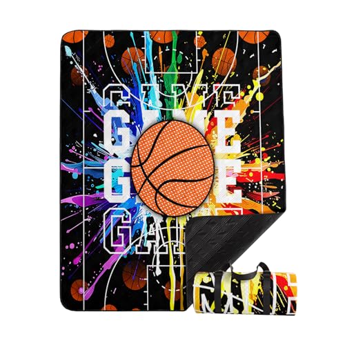 Outdoor Picnic Blanket Portable Ultrasonic Waterproof Picnic Cartoon Basketball Printed Camping Beach Mat for Sand and Wet Grass Hiking (Cartoon Basketball L - color: Cartoon Basketball, size: Extra Long - 78"x78"