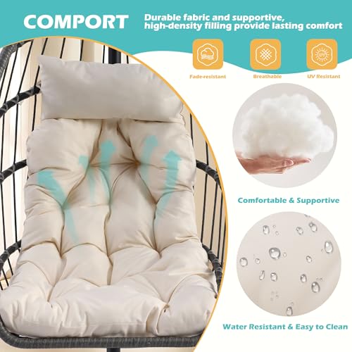 Outdoor Hanging Egg Chair with Stand & Oversized Cushion, 350LBS Capacity Heavy-Duty Patio Swing Hammock Chair, Thickened Metal Frame for Garden, Balcony, Bedroom (Beige, Solo) - color: Beige, size: Solo