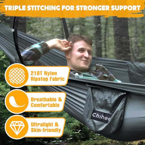 Chihee Ultra-Light Travel Camping Hammock Pop-up Net Hammock 660lbs Load Capacity,Breathable,Quick-Drying Parachute Nylon 2 Premium Carabiners,2 Tree Slings Included for Outdoor Backpacking Hiking - color: Dark Grey