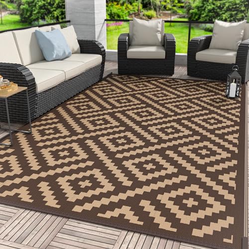 GENIMO Outdoor Rug for Patio Clearance, 6'x9' Reversible Plastic Straw Rugs, Lightweight Waterproof RV Camping Mat for Camper, Balcony, Deck, Backyard, Picnic, Coffee & Brown - color: Coffee&brown, size: 6' x 9' (Rectangular)