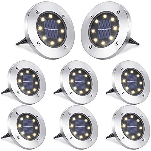 LYHOPE Solar Ground Lights Outdoor, 8 Pack 8 LED Solar Disk Lights Waterproof Garden In-ground Pathway Light Landscape Lighting for Lawn,Yard,Deck,Patio,Walkway (Warm White) - color: Warm White, size: 8 Pack