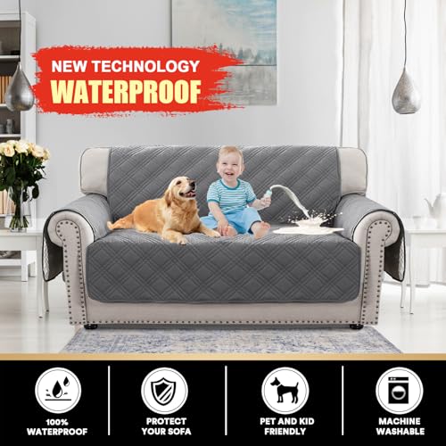 PrinceDeco 100% Waterproof Loveseat Covers for 2 Cushion Couch Sofa Covers Waterproof and Washable Sofa Slipcover with Side Pocket Furniture Protector with Elastic Straps(Loveseat 48", Grey) - color: Grey, size: Loveseat
