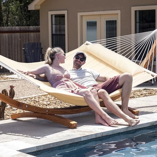 SUNCREAT Hammocks Double Hammock with 13.5 ft Wooden Stand, Hammock Cover, Outdoor Hammocks for Outside, 475 lbs Capacity, Beige - color: Beige