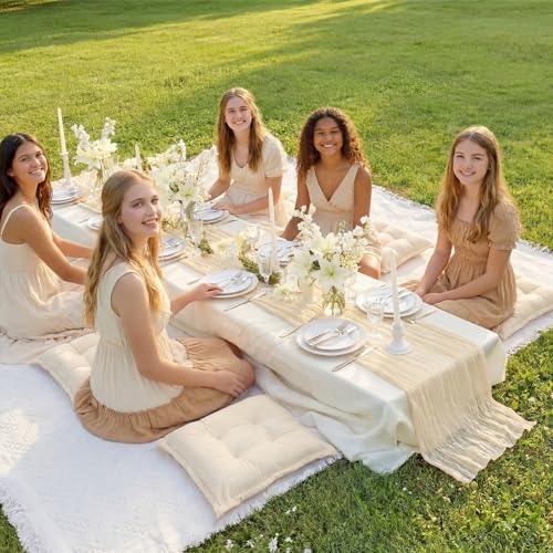 Extra Large Outdoor Picnic Blanket with Table Runner and Floor Pillow Cushion for Picnic Wedding Birthday Baby Shower Backyard Decor(91 x 71'',Light Beige,8 Pcs) - color: Light Beige