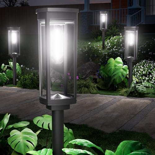 NEWMESSI 4 Pack Solar Pathway Lights Outdoor, Modern Super Brightness LED Path IP65 Waterproof Garden Lights Solar Powered Landscape Lighting for Outside Yard Garden Driveway Walkway - color: Round Cool White, size: 4 Pack