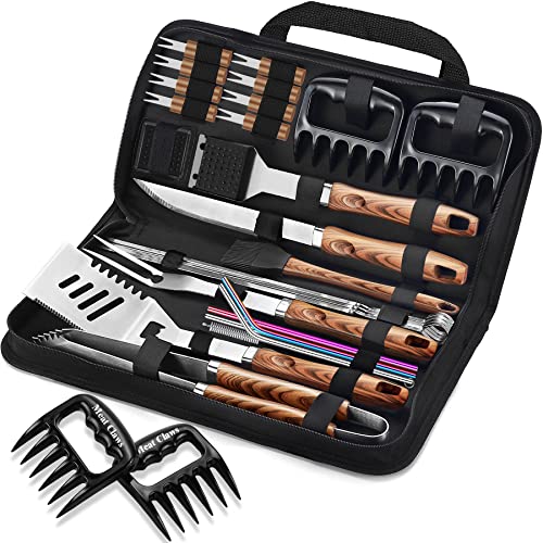 ROMANTICIST 27pcs Heavy Duty Grilling Gifts for Men Dad Fathers Day, Extra Thick BBQ Accessories Tools Set, Stainless Steel Grill Utensils Kit with Meat Claws,Canvas Bag for Outdoor Camping Brown - color: Brown1