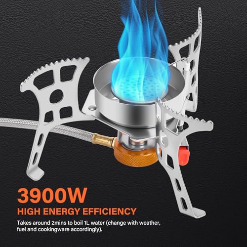 WADEO 3900W Windproof Camping Stove, Camping Gas Stove with Piezo Ignition, Backpacking Stove Portable Camping Stove with Two Fuel Canister Adapter for Outdoor Backpacking Hiking and Picnic - style: 3900W