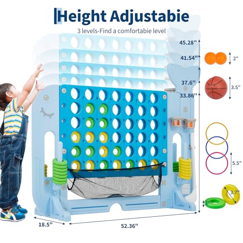 Giant 4 in a Row Game Set, Whale Design 4-in-1 Jumbo Yard Games with Basketball Hoop & Mini Golf, Ring Toss, 4 Adjustable Heights Connect Board with Catch Net for Kids Adults Outdoor Play