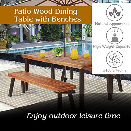 Giantex Patio Dining Table Set with 2 Benches, Outdoor Picnic Table Set with Umbrella Hole, Acacia Wood Patio Seating and Rectangular Table for Backyard, Garden, Lawn (Rustic Brown)