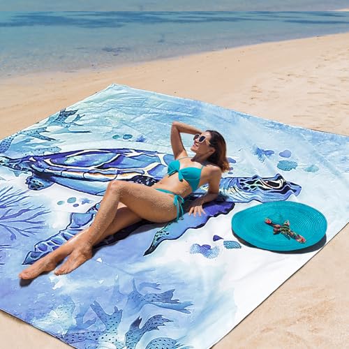 AISPARKY Beach Blanket Waterproof Sandproof Extra Large, Oversized Beach Mat, Quick Drying&Compact&Lightweight, Picnic Blankets Vacation Essentials for Outdoor Beach Camping (79" X 83" (4 Person)) - color: Blue - Turtle, size: 6'11" x 6'7"