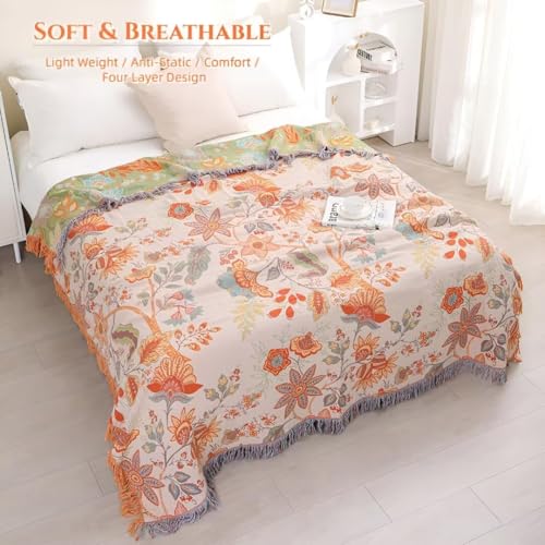 Boho Throw Blanket for Bed 100% Cotton Bohemian Blankets Ultra Soft Woven Muslin Decorative Blankets All Seasons Vintage Quilt Knitted Blanket for Sofa Chair(Orange, 80"x90") - color: D-orange, size: 80"x90"