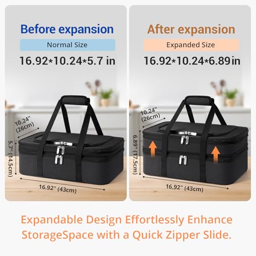 Insulated Double Casserole Carrier - Portable Casserole Carriers for Hot or Cold Food Lunch Tote Warmer or Cooler Bag for Potluck Parties Picnic Cookouts, Fits 9" x 13" Baking Dish -Black - color: Black